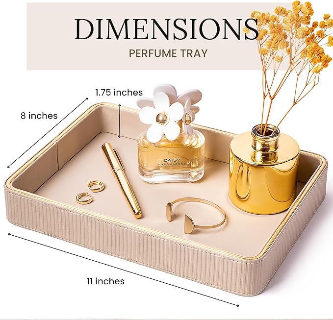ZHEM Women Perfume Tray Valet Tray NightStand Bedside Organizer| Perfume Organizer Holder| Decorative Perfume Trays| Leather Vanity Tray Catchall Trinket Tray (Beige 8"x11"x1.75")