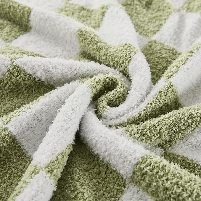 Checkered Throw Blanket, Sage Green Soft Cozy Fluffy Knitted Throw Blankets for Couch, Sofa, Bed, Chair, Warm Fuzzy Travel Picnic Lightweight Plaid Blanket, 50x70 inches