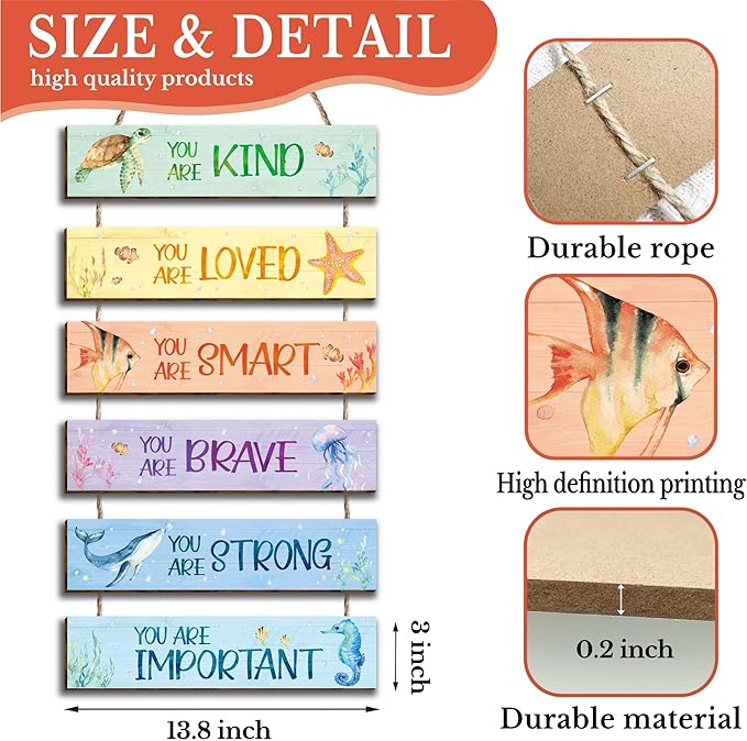 6 Pieces Ocean Decor Kids Room Decor, Watercolor Ocean Inspirational Wall Art Decor for Teens Children Bedroom Princess Toddler Room, Works of art Made of Wood, Works of Art of Wood, Placards of Woods