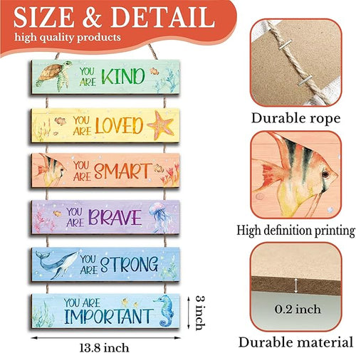 6 Pieces Ocean Decor Kids Room Decor, Watercolor Ocean Inspirational Wall Art Decor for Teens Children Bedroom Princess Toddler Room, Works of art Made of Wood, Works of Art of Wood, Placards of Woods