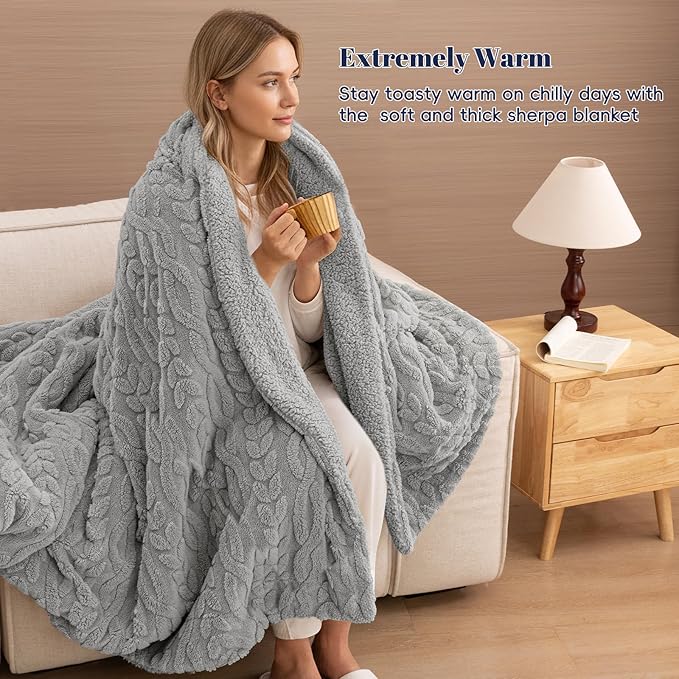 PHF Fluffy Sherpa Blanket Queen Size for Winter, Warm and Soft, 510GSM 3D Jacquard Thick Shaggy Fleece Plush Blanket for Sofa Bed, Grey, 90"x90"