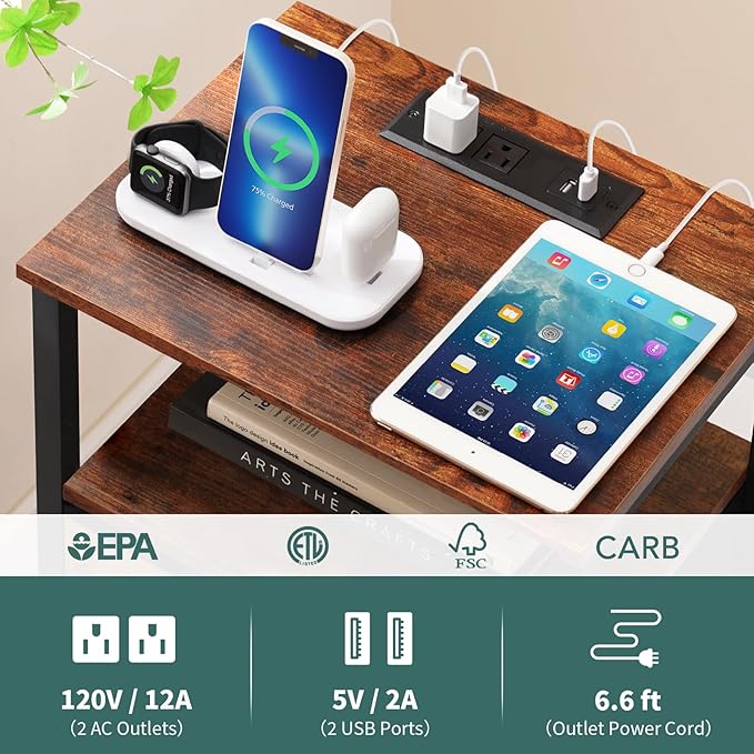 Yoobure End Table with Storage, LED Nightstand with Charging Station, Side Tables Living Room, 3-Tier Wood Bedside Table with Adjustable Fabric Drawer, Night Stand for Bedroom, Brown