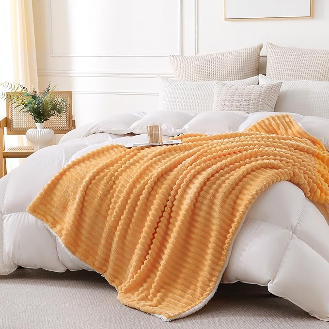Warm Yellow Sherpa Fleece Throw Blanket 50”×60” for Couch Sofa Bed,Super Soft Cozy Plush Double Side Thick Flannel Blanket with Striped Design Lightweight for Adults,Woman,Girls
