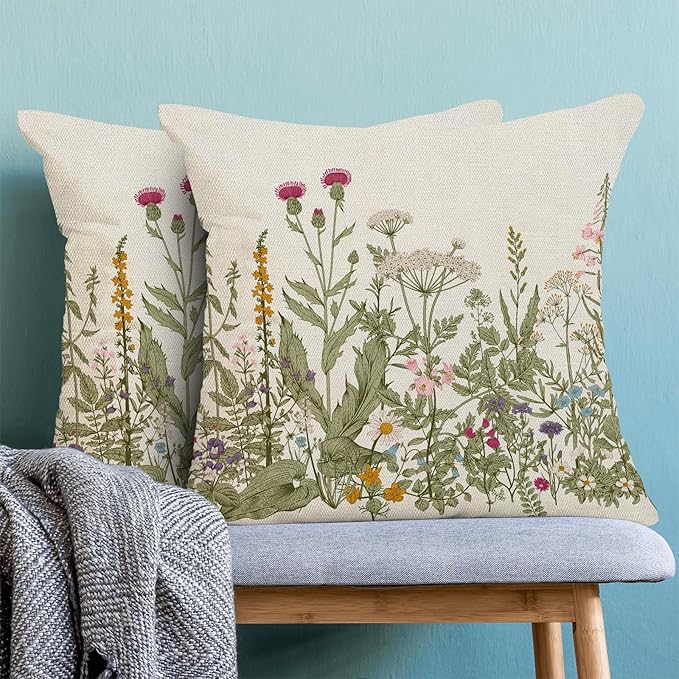 AEIOAE Sage Green Pillow Covers 20x20 Inch Set of 2, Spring Wildflower Plant Throw Pillows Case,Seasonal Floral Outdoor Decorative Flowers Farmhouse Decor Cushion Covers for Home Sofa Bed Couch