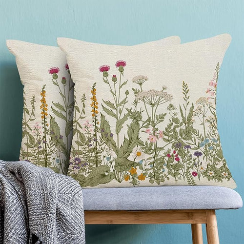 AEIOAE Sage Green Pillow Covers 18x18 Inch Set of 2, Spring Wildflower Plant Throw Pillows Case,Seasonal Floral Outdoor Decorative Flowers Farmhouse Decor Cushion Covers for Home Sofa Bed Couch