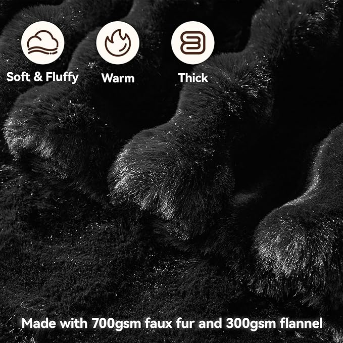 Faux Fur Throw Blanket, 1000GSM Fluffy Soft Bubble Blanket for Couch Bed, Cozy Plush Warm and Thick Blanket, Fuzzy Rabbit Throw for Living Room Bedroom 50''*60'' Black