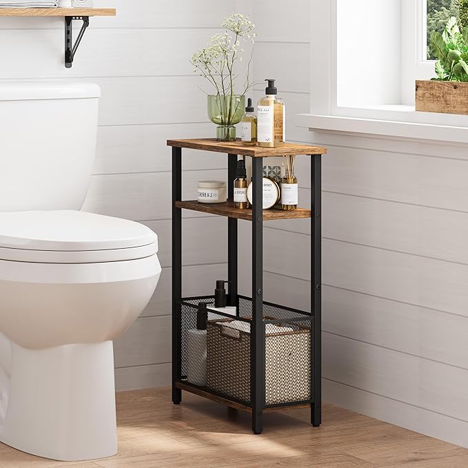 Narrow Side Table with Storage Basket Skinny End Tables for Smalls Spaces 3 Tier Sofa Table Small Nightstand Slim Bedside Table for Living Room Bedroom Rustic Brown MLBZ22RB