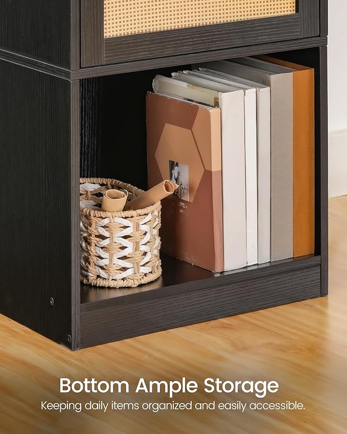 Nightstand, End Table with Charging Station, Side Table with Rattan-Style Drawer and Storage Shelf, Modern Sofa Table with 1 AC Outlet and 2 USB Ports, for Bedroom, Black MBZ01UBB
