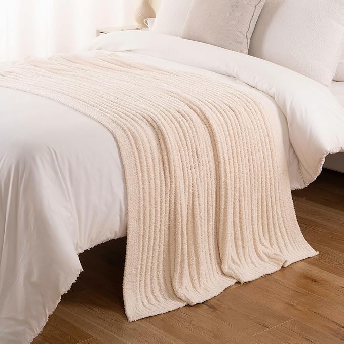 BATTILO White Throw Blanket for Couch, Knit Fuzzy Plush Cream Throw Blankets, Warm Cozy Lightweight Blanket for Bed, Sofa, Home Decor, 50"x60"