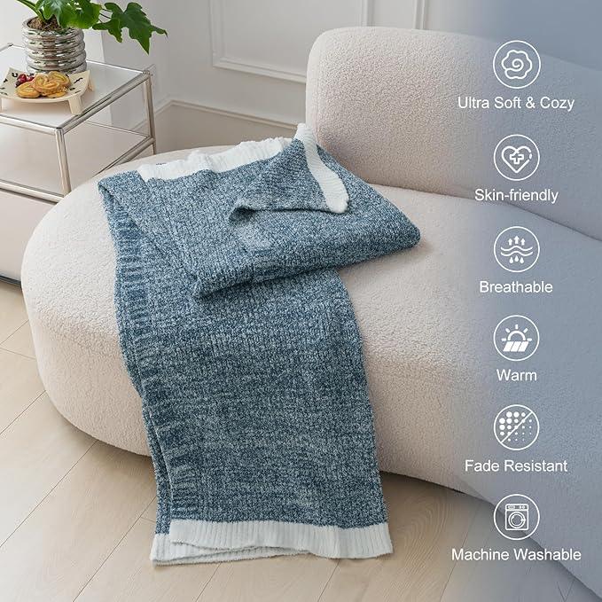 MH MYLUNE HOME Ultra Soft Ribbed Throw Blanket for Couch 50x60 Inches Luxurious Super Cozy Fluffy Microfiber Blanket Plush Warm Reversible Throw Blankets for Sofa Bed - Blue 50 x 60 Inches