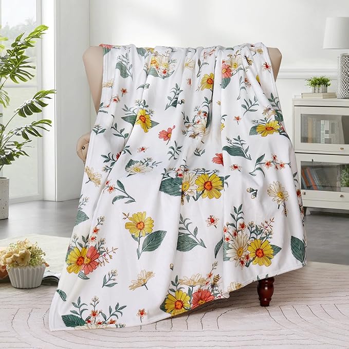 Floral Flower Throw Blanket Bee Flannel Fleece Throw Blanket Botanical Plant Cozy Fuzzy Plush Throw Blankets for Bed Chair Couch 50" X 60"