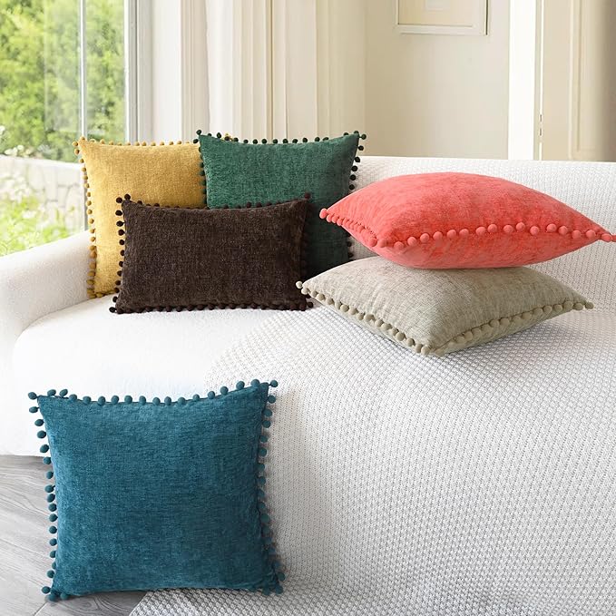 CaliTime Christmas Throw Pillow Covers Decorative 18 X 18 Inches Pack of 2 Cozy Solid Dyed Soft Chenille Cushion Cases with Pom Poms for Couch Sofa Bed Living Room Home Dark Green