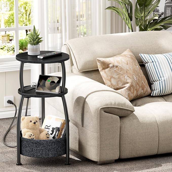 Round Side Table with Power Outlets, Small Coffee Table with S Basket, Space Saving End Table 3-Tier Bedside Corner Table Stand for Living Room, Bedroom, Garden 11.8in Classic Black