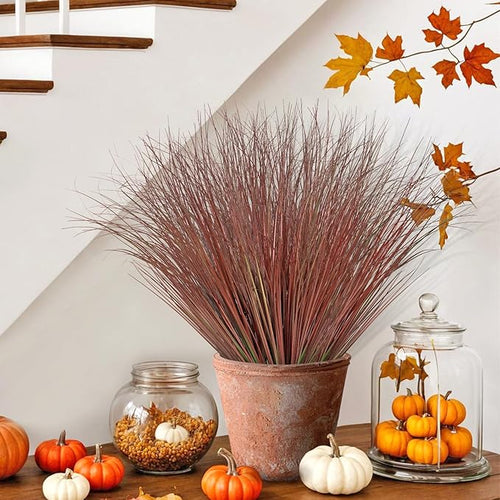 24 Bundles Red Artificial Plants Onion Grass Outdoor 20 Inch Fall Fake Shrubs Wheat Grass UV Resistant Autumn Greenery Stems Faux Bushes Plant for Indoor Home Farmhouse Thanksgiving Fall Decor
