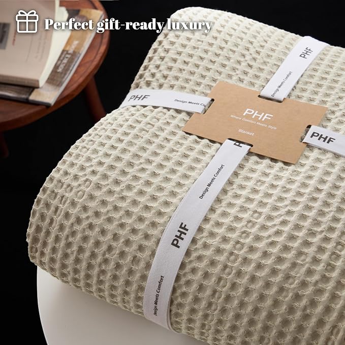 PHF Ultra Soft Waffle Weave Blanket Twin Size 66"x 90"- Washed Lightweight Breathable Cozy Woven Blanket for Bed - Aesthetic Decor for Couch Bedding Sofa Home Car - Light Khaki/Linen