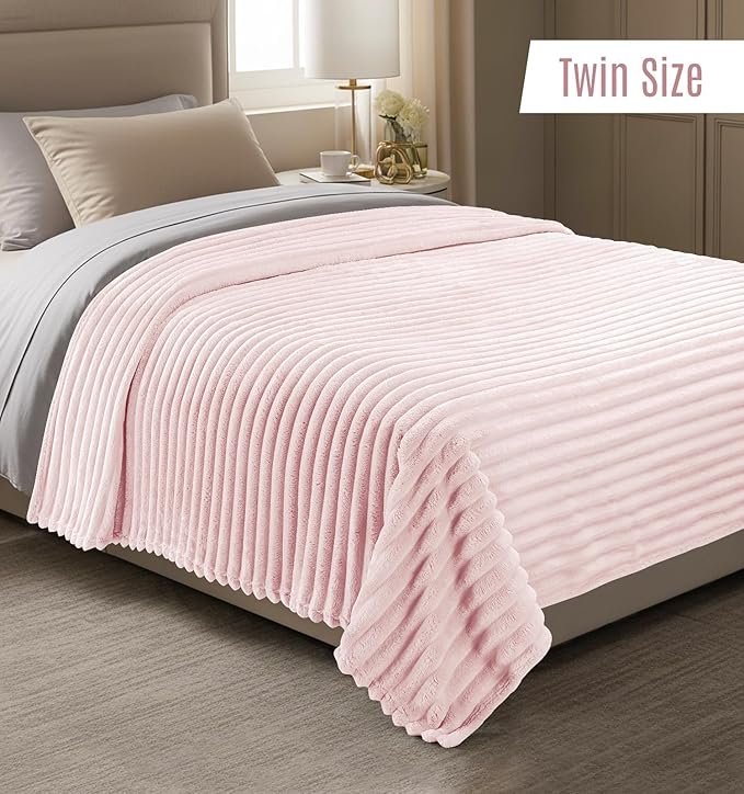 Utopia Bedding Pink Striped Fleece Blanket Twin Size – Fluffy, Warm & Lightweight Ribbed Throw for Bed, Sofa & Chair - Soft Cozy Blanket for Home Décor & Gifting (60x80 Inches)