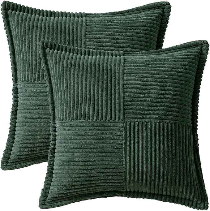 MIULEE Decorative Euro Sham Throw Pillow Covers for Couch Bed Livingroom 24x24 Inch Set of 2 Dark Green Boho Accent Throw Pllows Broadside Striped Patchwork Soft Corduroy Pillowcases