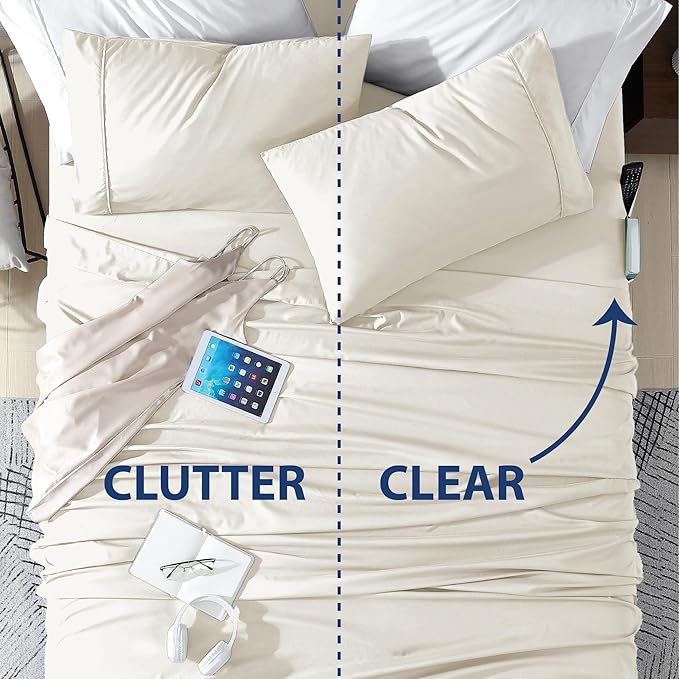 Swift Home Smart Sheets, Ultra Soft Brushed Microfiber 4-Piece Sheet Set, Fitted Bed Sheet with Side Storage Pockets – Coconut Milk, Queen