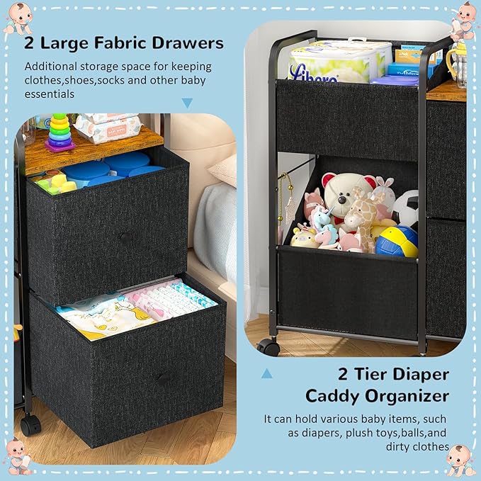 Baby Diaper Caddy Organizer Cart, Bedside Cart for Baby Essentials, Newborn Rolling Ulitity Cart with Drawers and Wheels, Baby Organizers and Storage for Bedroom, Living Room, Bathroom
