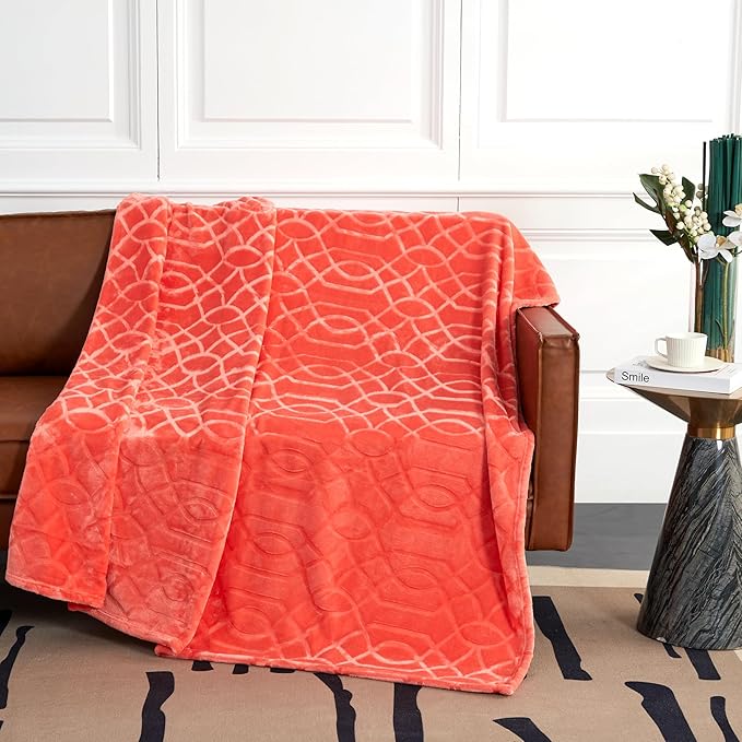 Soft Cozy Fleece Queen Size Blanket, 90x90 Inches – Lightweight Plush Blanket for Bed, Fuzzy 3D Jacquard Design - Coral