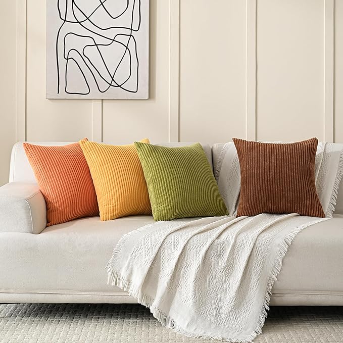 Volcanics Set of 4 Fall Orange Corduroy Decorative Throw Pillow Covers 18x18 Inch, Modern Yellow Green Gradient Couch Pillow Covers, Rustic Western Striped Cushion Covers for Bed Sofa Living Room