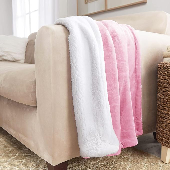Genteele Sherpa Throw Blanket Super Soft Reversible Ultra Luxurious Plush Blanket, 50 x 60 inches, Pink/White