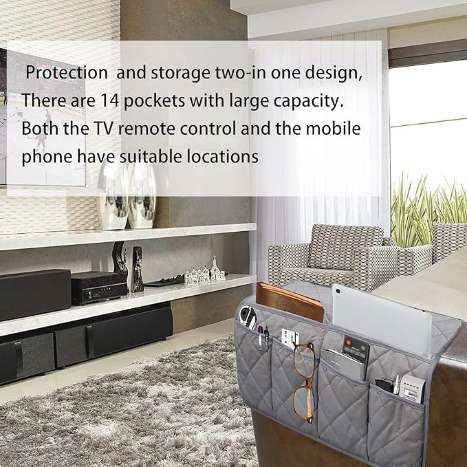 Sofa Armrest Organizer, Remote Control Holder, Waterproof Armchair Caddy with 14 Pockets for TV Remotes
