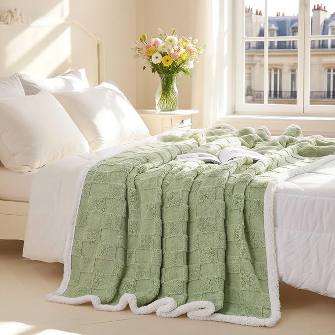 Sherpa Throw Blanket for Couch, Flannel Cozy Soft Thick Blanket for Bed - Fleece, Sage Green, 60x80 Inches