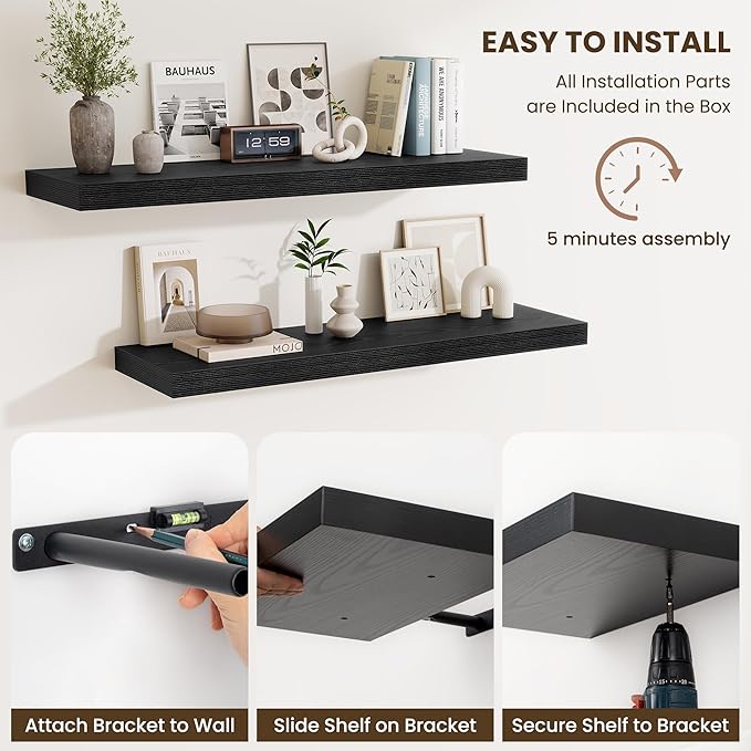 Fun Memories 24 Inch Floating Shelves Wall Mounted, 10 Inch Deep Wall Shelves, 24 x 10 Floating Shelf for Living Room Bathroom Bedroom, Black, Set of 2