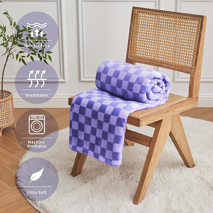 FY FIBER HOUSE Checkered Flannel Fleece Throw Blanket Queen Size Soft Cozy Checkerboard Grid Print Chessboard Gingham Pattern Blankets for Bed Couch Sofa, 90"x90", Periwinkle Blue