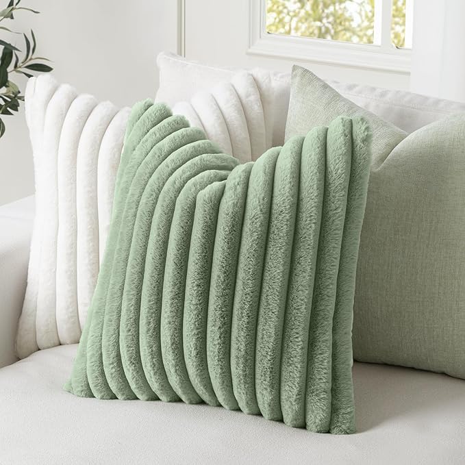 MIULEE Faux Fur Large Decorative Throw Pillow Covers 24x24 Inch Set of 2, Modern Spring Home Decor Soft Plush Couch Pillows Cozy Fluffy Cushion Covers for Sofa Bed Sage Green