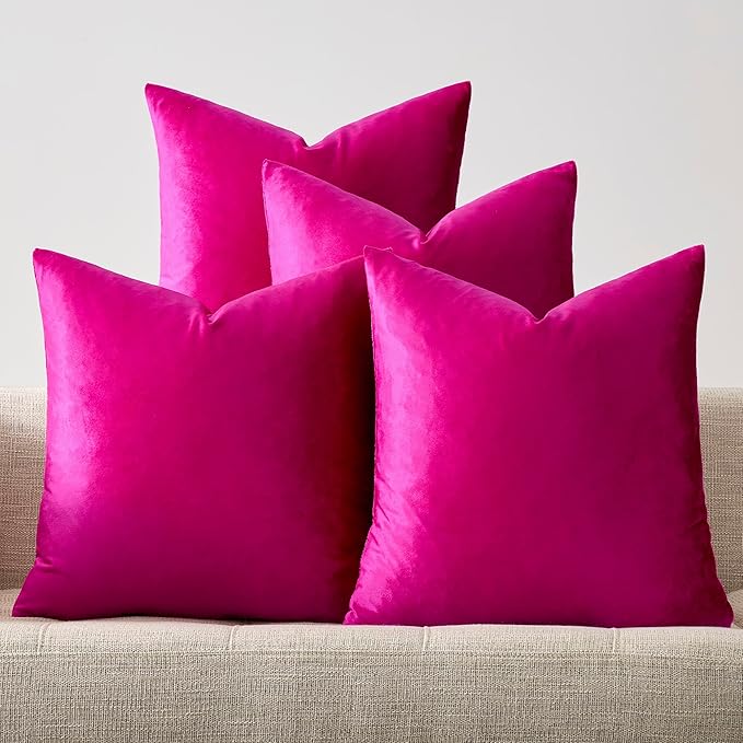 GIGIZAZA Set of 4 Hot Pink Throw Pillow Covers 16x16 Soft Velvet Pillow Covers Modren Decorative Pillows Covers Couch Sofa Living Room Pillowcase