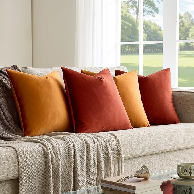 GIGIZAZA Decorative Velvet Pillow Covers - 16x16 Throw Pillows Soft Burnt Orange Covers Accent for Couch Living Room Bed Square Modern Luxury Cushion Covers Home Decor Set of 4
