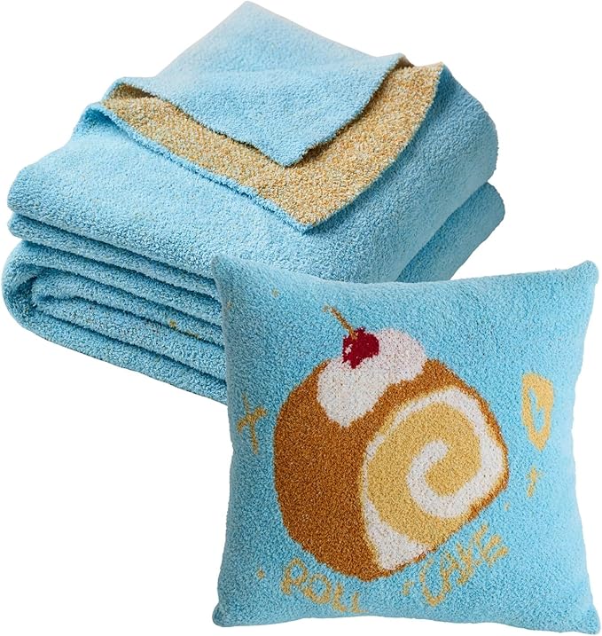 YIRUIO Swiss Roll Pattern Plush Blanket & Pillowcase Set,Ultra Soft Cozy Warm Thick Fuzzy Fluffy 50x60 Throw Blue with 18x18 Cushion Cover for Bed Sofa Couch Home Decor Gift
