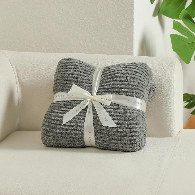 bearberry Soft Rib Knit Blanket Thin Warm & Breathable - Snuggly Minky Throw for Everyday Use, Travel, Chair | All-Season Machine Washable for Couches, Gifts, Family (Grey, 50”x60”)