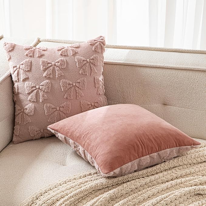 MIULEE Blush Pink Bow Pillow Covers Coquette Room Decor Aesthetic Set of 2 Spring Decorative Cute Girl Soft Plush Faux Pillowcase for Preppy Room Decor Bedroom Couch,18x18 Inch