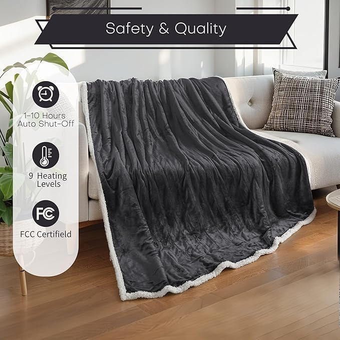 Electric Heated Blanket Twin Size 62"x84" - Flannel & Sherpa Fabric Dual-Sided, 6 Heat Settings & 10 Hours Auto Off, Soft & Cozy Warming Throw for Home, Office, or Bed, Machine Washable, Iron Gray
