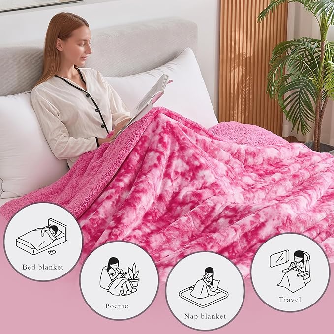 CHOSHOME Sherpa Fleece Blanket- Thick Warm Blanket for Winter, Soft Fuzzy Plush Blanket for Bed, Couch, Travel (Tie Dye Pink, Cal King 96" x 102")