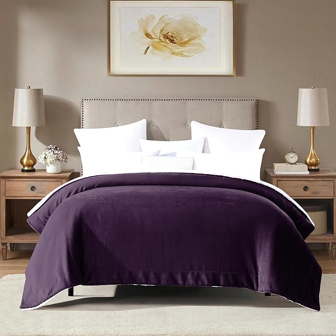 Mocassi Premium Ultra-Soft Flannel Fleece Sherpa Throw Blanket - Warm Cozy Reversible Plush Micromink Blanket for Couch, Bed and Sofa - Fluffy, Christmas Winter Bedding Gift, King, Purple