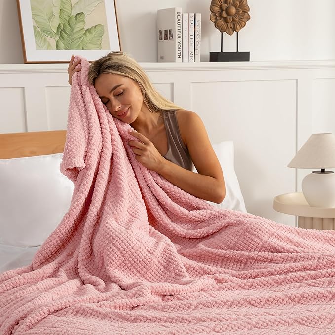 Whale Flotilla Fuzzy Fleece Throw Blanket for Couch, Bed, Soft Fluffy Jacquard Waffle Blankets for All Season, Lightweight and Warm, 50x60 Inch, Pink