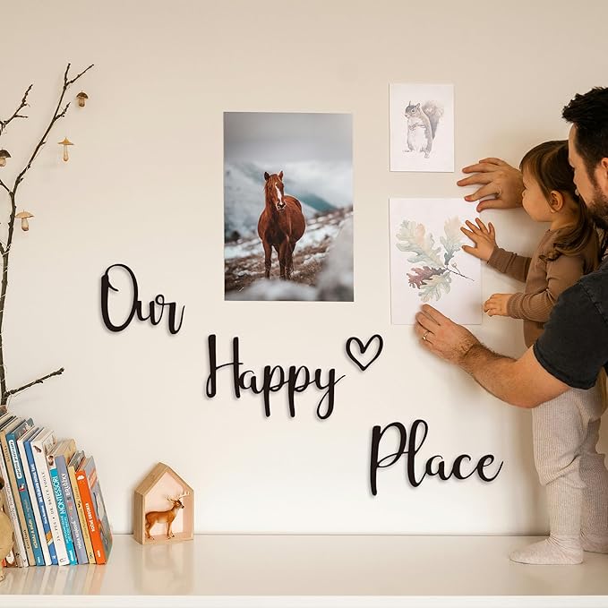 Our Happy Place Sign Metal Wall Decor Hanging Art Words Home Decor for Patio, Living Room, Bedroom, Kitchen, Bathroom and More, Black