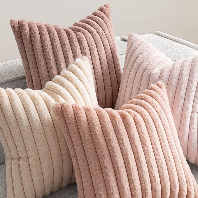 MIULEE Faux Fur Plush Decorative Throw Pillow Covers 18x18 Set of 4, Valentine's Day Cute Modern Soft Romantic Fuzzy Striped Cushion Covers Girl for Sofa Couch Bed Living Room Cozy Home Decor,Pink