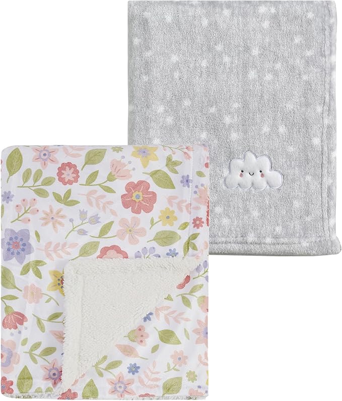 CREVENT 2Pcs 30''X40'' Cute Cozy Fluffy Warm Baby Blankets for Infants Toddlers' Bedding Crib Cot Stroller - Grey Cloud + Minky Daisy