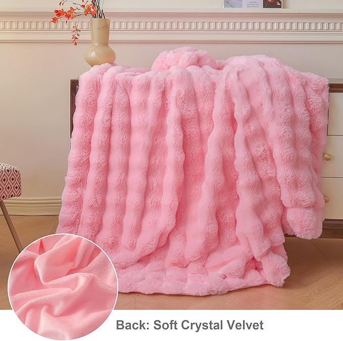 LIFEREVO Luxury Fluffy Faux Rabbit Fur Blanket, Plush Fuzzy Bubble Waffle Throw Couch Sofa, Cozy Comfy Furry Bed Blanket Home Decoration, Aesthetic Shaggy Throw for Bedroom Living Room, 60x90, Pink