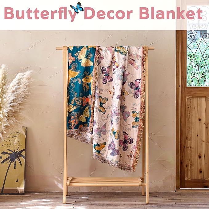 Boho Butterfly Throw Blanket 60"x80" Twin Size Bed Blanket,100% Cotton Reversible Soft Breathable Lightweight Spring Decorative Blankets with Tassels for Couch Sofa Decor All Season