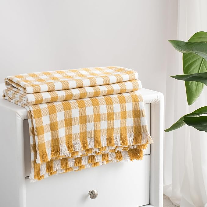 100% Cotton Throw Blanket Plaid Soft Lightweight Cozy Farmhouse Tassels Summer Thin Breathable Throws for Couch Sofa Bed (60" × 80" Yellow)