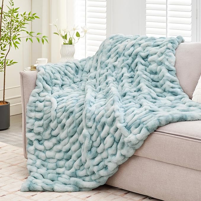 Ultra Soft Luxury Faux Fur Throw Blanket for Couch, Fuzzy Fluffy Plush Warm Cozy Ruched Blanket for Sofa Bedroom Living Room, Elegant Gift Idea for Women (50"x60",Tie-dye Freshwater Blue)