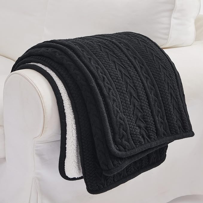 Longhui bedding Black 50 x 63 Inches Acrylic Cable Knit Sherpa Throw Blanket - Thick, Soft, Big, Cozy Knitted Fleece Blankets for Couch, Sofa, Bed - Large Coverlet All Season