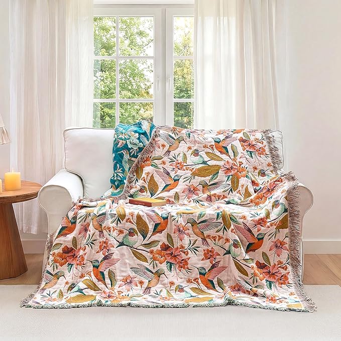 Boho Throw Blanket - 60"x80" 100% Cotton Ultra Soft Lightweight Spring Blanket, 4-Layer Breathable Muslin Blankets for Bed Couch, Reversible Blue Floral Bird Printed Bohemian Cotton Quilt