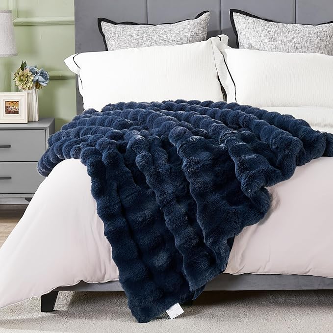 JONIYEAR Soft Fuzzy Bubble Faux Rabbit Fur Throw Blanket for Couch 50" x 60", Reversible Textured Fluffy Warm Thick Blanket for Winter,Luxury Cozy Puffy Shaggy Comfy Furry Blankets for Sofa, Navy Blue
